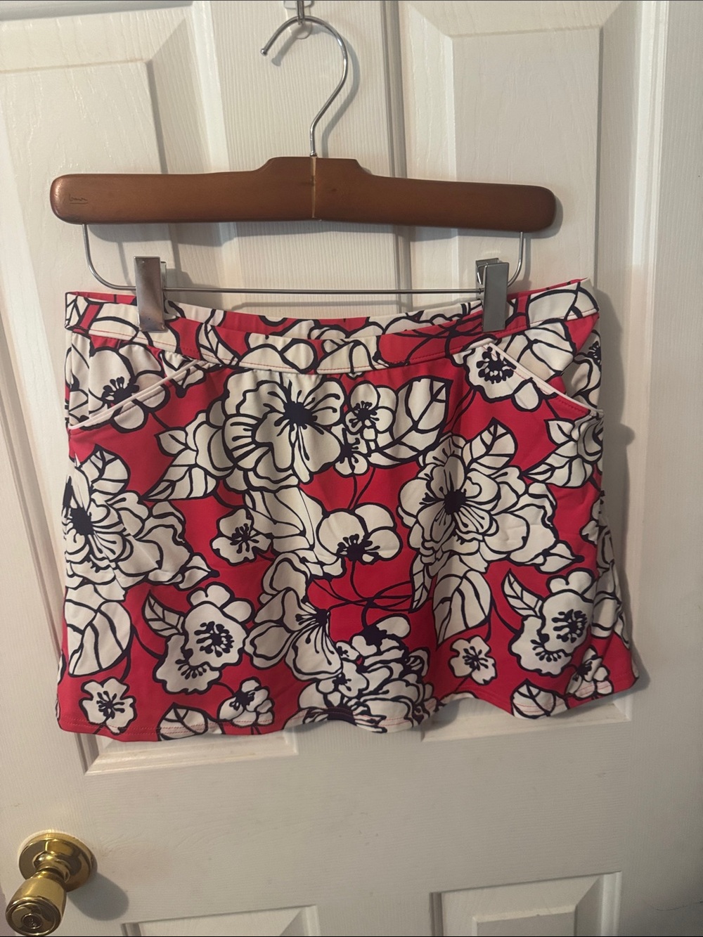 Red Floral Mini Swim Skirt with White and Navy Bloom Print